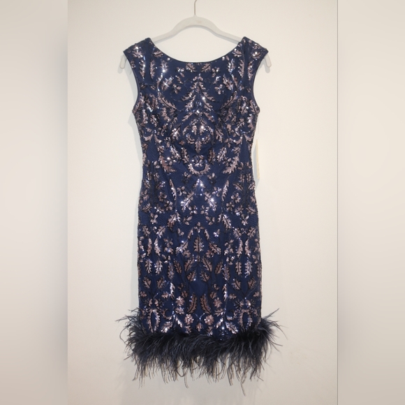 Eliza J Petite Feather-Trim Sequin Sheath Dress - Navy Pansy - Picture 2 of 11